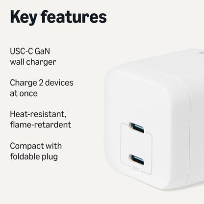 Amazon Basics 35W Fast Charging USB-C Nano GaN Wall Charger, 2-Port for Phones, Tablets, Charge 2 Devices Simultaneously, White - color: White, style: 35 W Two Port