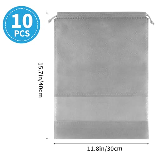 Grey Travel Shoe Bags - 10 Pcs Non-Woven Packing Bags with Clear Window | 15.7" x 11.8" Waterproof Dustproof Portable Travel Shoe Storage Bag for Men and Women - color: Grey, style: 10 Pack