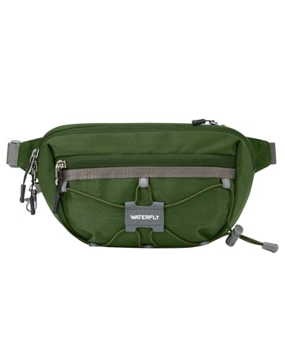 WATERFLY Small Fanny Pack RFID Blocking Travel Hiking Crossbody Waist Bag | Anti-theft design, Water resistant, Lockable zipper, Hidden rear pocket, Lightweight hip belt bag, EDC Running, Cycling, Gym - color: Green