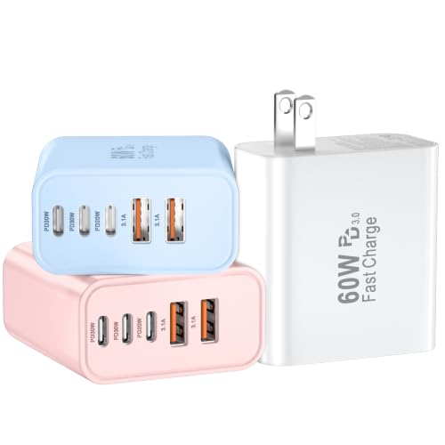 USB C Charger Block Fast Charging, 60W Phone Charger USBC Wall Plug Adapter - color: White+Pink+Blue-3Pack