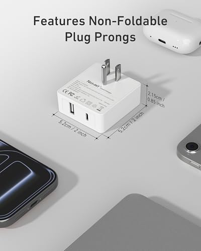 Nekmit Flat USB C Wall Charger, 45W Dual Port PPS Fast USB Charger Block(1*USB-C & 1*USB-A), Slim USB C Wall Plug for iPhone 17/16 and More Series, MacBook Air, iPad - color: White