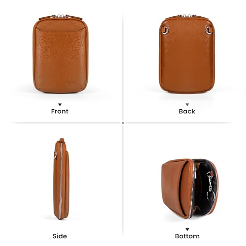 befen Genuine Leather Crossbody Cell Phone Purse for Women, Small Zip Around RFID Blocking Crossbody Wallet Bags - color: Cognac Brown