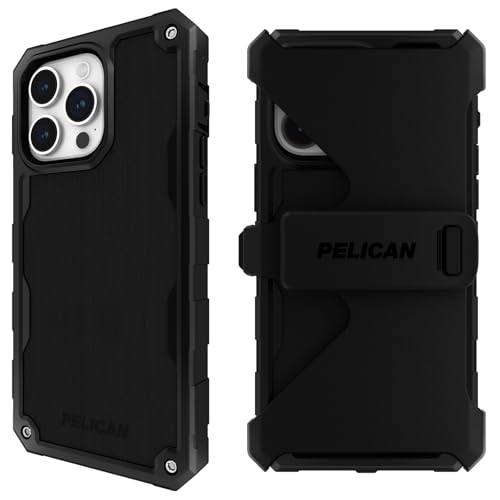 Pelican Shield Brushed Aluminum - iPhone 15 Pro Case 6.1" [Compatible with MagSafe] [21ft Military Grade Drop Protection] Magnetic Charging Phone Case Cover with Belt Clip Holster Kickstand - Black - color: Shield Brushed Aluminum, size: iPhone 15 Pro