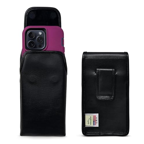 Turtleback Belt Holder for iPhone 16 Pro Max, 15 Pro Max, 14 Pro Max -Large- Fits w/Defender Bulky Style Cases, Premium Black Leather Vertical Holster, Magnetic Closure Leather Wrapped Clip - color: Vertical - Leather w/ Leather Clip, size: Large