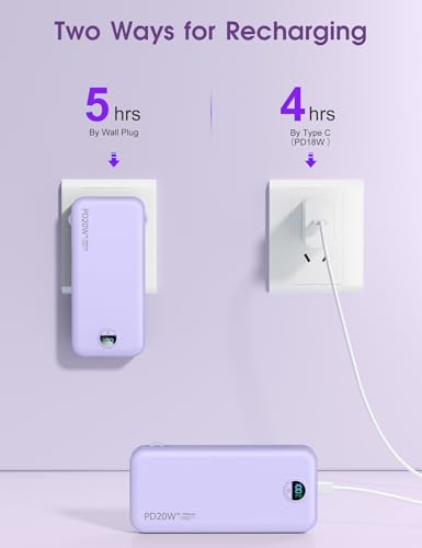 citicr Portable Charger 10000mAh PD20W w/Built-in Cables & Wall Plug Purple - color: Purple