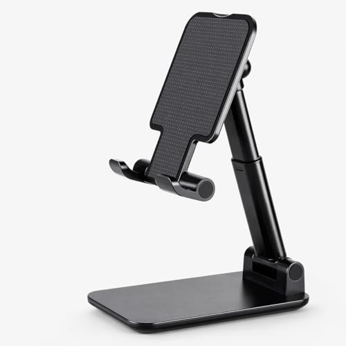 Foldable Desktop Phone Stand, Adjustable Cell Phone Holder for Desk, Non-Slip Silicone Base, Compatible with Tablets and Phones 4-13 Inch (Black) - color: Black
