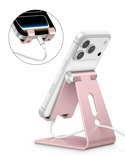 OMOTON Adjustable Cell Phone Stand, C2 Aluminum Desktop Phone Holder Dock Compatible with iPhone 15 14 13 Xs XR 8 Plus 7 6, Samsung Galaxy, Google Pixel, Android Phones, Rose Gold - color: Rose Gold