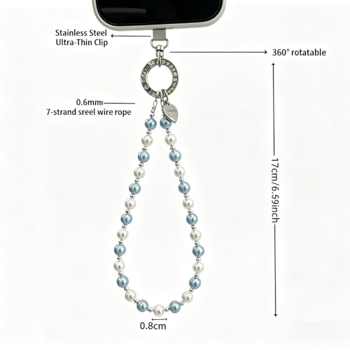 Beaded Pearl Phone Charm Wrist Strap, Camera AirPods Bags Charms(Blue） - color: Blue