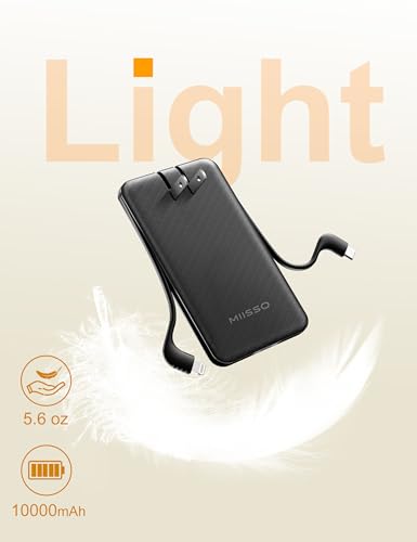 Ultra Slim 10000mAh Power Bank, Built-in Cables and AC Wall Plug, Black