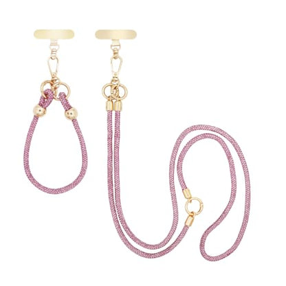 Crystal Phone Strap Crossbody and Wrist Lanyard, Anti Theft Layered & Wrist Strap Cell Phone Neck for Women - color: Pink Crystal