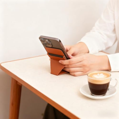 Magnetic Wallet for MagSafe with Stand, RFID Blocking, 2 Card Holder, Slim Leather, Compatible with iPhone 17 16 15 14 13 12 Series - color: brown small support