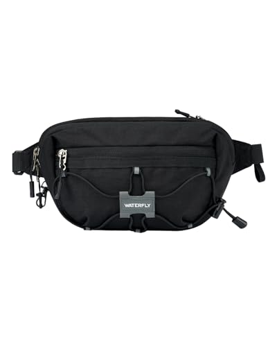 WATERFLY Small Fanny Pack RFID Blocking Travel Hiking Crossbody Waist Bag | Anti-theft design, Water resistant, Lockable zipper, Hidden rear pocket, Lightweight hip belt bag, EDC Running, Cycling, Gym - color: Black