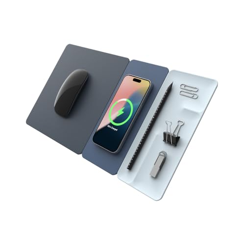 POUT H3 Split Max 3-in-1 Wireless Charging Mouse Pad – Fast Qi Charger, Mousepad Mat, and Magnetic Tray Organizer – Compatible with Smartphones and Earbuds (Pacific Blue)