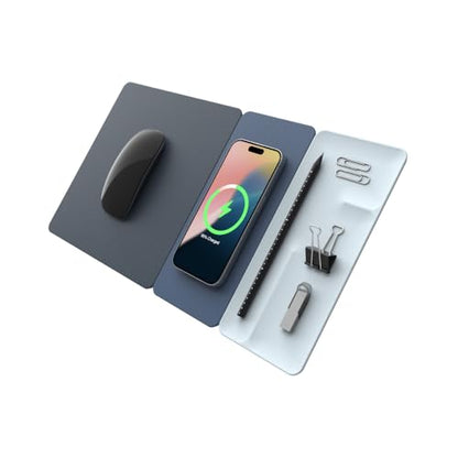 POUT H3 Split Max 3-in-1 Wireless Charging Mouse Pad – Fast Qi Charger, Mousepad Mat, and Magnetic Tray Organizer – Compatible with Smartphones and Earbuds (Pacific Blue)