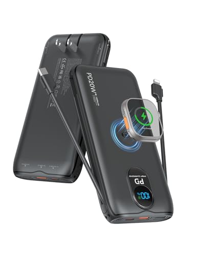 Portable Charger Power Bank 10000mAh PD20W w/Built-in Cables & AC Plug - color: Black