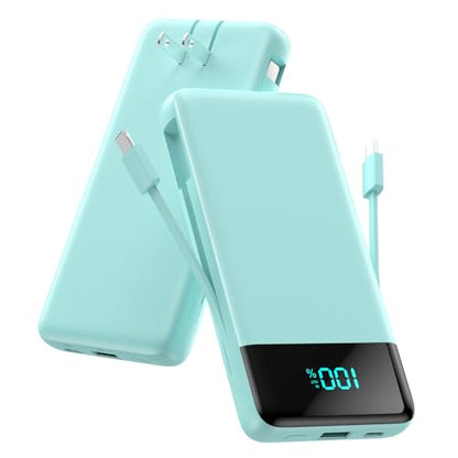 Portable Charger for iPhone with Built-in Cables and Wall Plug,Upgraded 13800mAh Fast Charging USB C Power Bank,4 Outputs Slim Travel Essentials Battery Pack for iPhone 17/16/14,Galaxy,Android-Green - color: Green