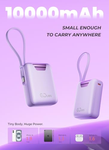 M1 Mini Portable Charger, 10000mAh Ultra-Compact Power Bank, 22.5W PD Fast Charging, Tpye-C Built-in Cable, Small External Battery Pack for iPhone, Samsung, Android iPad (Purple) - color: Purple