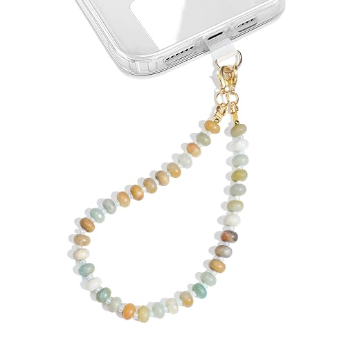 Natural Stone Beaded Phone Wrist Strap for Women, 304 Steel Core - color: Amazonite