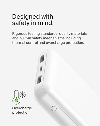 Belkin 20000mAh 15W 3 Port Power Bank, USB A to USB C Cable Included - color: White