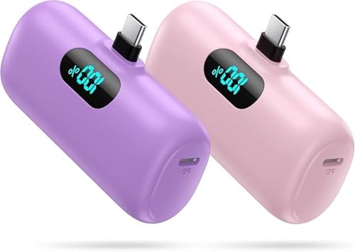 [2 Pack]Small Portable Charger for iPhone 17/16/15 Series,5000mAh 3A PD USB C Power Bank, Mini Travel Essentials Battery Pack for iPhone 17/17 Pro/16/16 Plus/16 Pro/15 Pro Max,Samsung,Android/LG etc - color: Pink+Purple