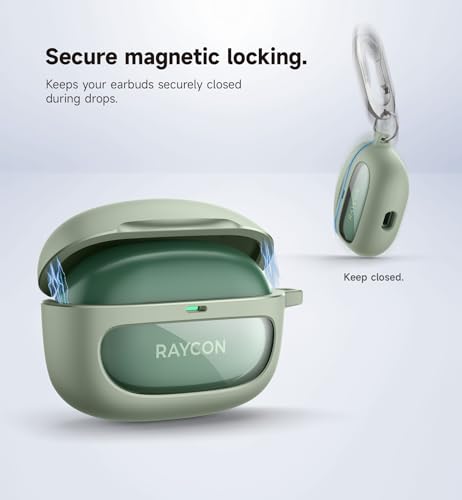SURITCH Case for Raycon Everyday Earbuds (2024 Edition), Shockproof Magnetic Case for Raycon Bluetooth True Wireless in-Ear Buds Headphones, Protective Cover with Magnetic Lid Lock & Carabiner, Green - color: Green