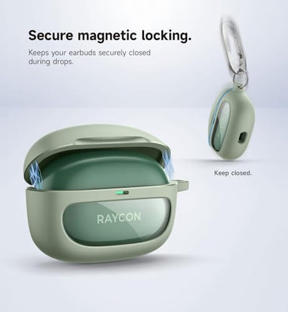 SURITCH Case for Raycon Everyday Earbuds (2024 Edition), Shockproof Magnetic Case for Raycon Bluetooth True Wireless in-Ear Buds Headphones, Protective Cover with Magnetic Lid Lock & Carabiner, Green - color: Green