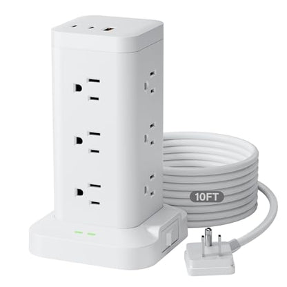 12AC 3USB Power Strip Tower Surge Protector 1800J, 9.8ft, White, 1 - color: White, size: 9.8ft