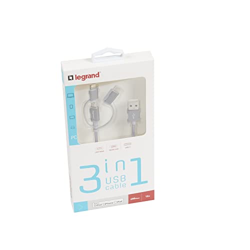 Legrand 3-in-1 Multi USB Cable, Lightning + USB-C + Micro-USB, 1.2m, 12W, Apple MFi-Certified, Silver, Compatible with iPhone, iPad, Samsung, Huawei
