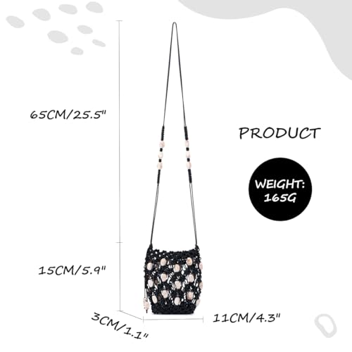 Boho Beaded Small Crossbody Bag for Women, Lightweight Crochet Cell Phone Purse with Adjustable Strap Crossbody Phone Purse - color: Black