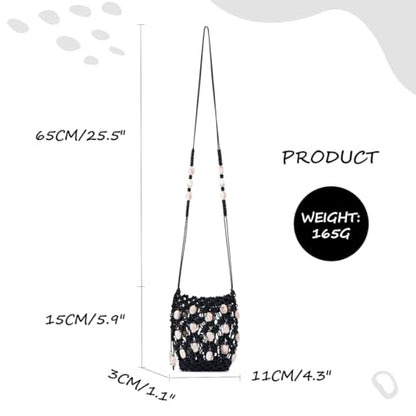 Boho Beaded Small Crossbody Bag for Women, Lightweight Crochet Cell Phone Purse with Adjustable Strap Crossbody Phone Purse - color: Black