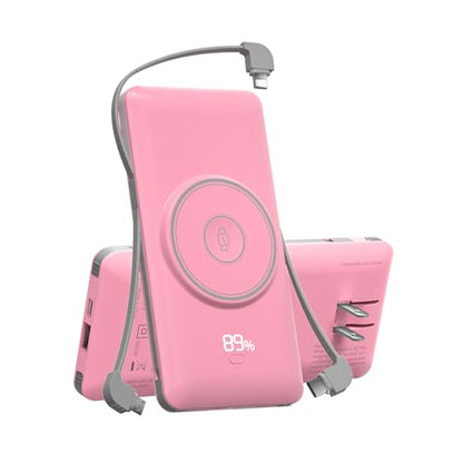 Magnetic 10000mAh Portable Charger for iWatch & iPhone, PD Fast Charging Wireless Power Bank Built-in Cables and Wall Plug, External Travel Battery Pack Compatible with iOS Android Phones - color: Sakura Pink