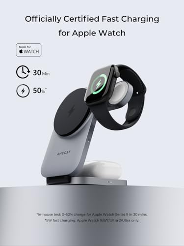 3-in-1 Fast Magnetic Wireless Charging Station for Apple: 15W Qi2-Certified Palm-Sized Foldable MagSafe Charger Stand for iPhone 17, Apple Watch, AirPods, Travel Portable with 30W Adapter& Travel Case