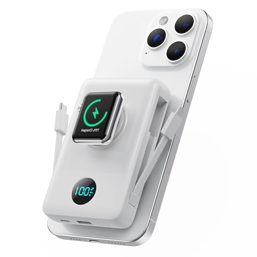 Ekrist Magnetic Portable Charger 10800mAh for MagSafe with Built-in Cable,iWatch Charger,Wireless Power Bank Travel Essentials,25W Fast Charging Battery Pack for iPhone 17/16/15/14,Apple Watch(White)