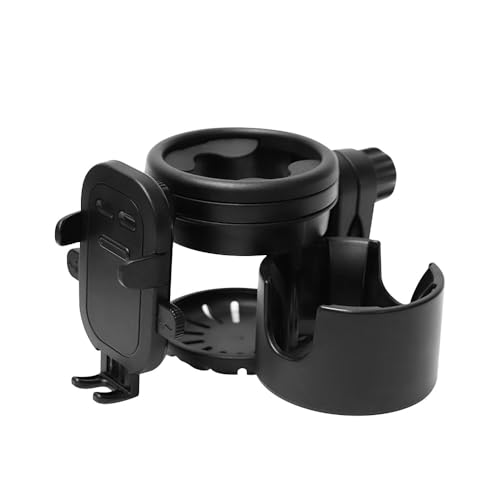 Stroller Cup Phone Holder Attachment, 3-in-1 Universal Cup Holder with Adjustable Phone Mount, Double Cup Holder for Walker Wheelchair Fits Most Donna, Uppababy, Bugaboo, Anti-Slip & Easy Install