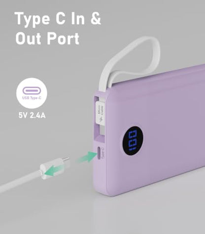 Portable Charger, 10000mAh Power Bank Built-in 4 Cables, Travel Essential - color: Lilac