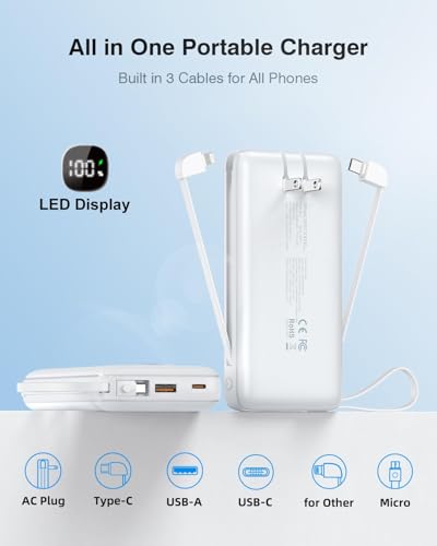 penaover Portable Charger with Built-in Cables&AC Wall Plug,5 Output 2 Input 20000mAh Power Bank,22.5W Fast Charging Battery Pack with LED Display,Compatible with iPhones,Android, Samsung etc,White - color: White