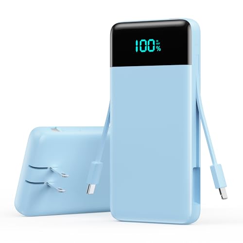 Portable Charger with Built-in AC Plug and Cables,13800mAh All in One USB C Fast Charging Power Bank,Travel Essentials Portable Phone Charger Battery Pack for iPhone 17/16/13,Galaxy,Android-Light Blue - color: Light Blue