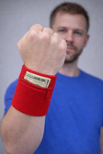 Suddora Zipper Wrist Pouch - Sweatband/Wristband Wallet for Keys, ID, Cards, Cash - color: Red