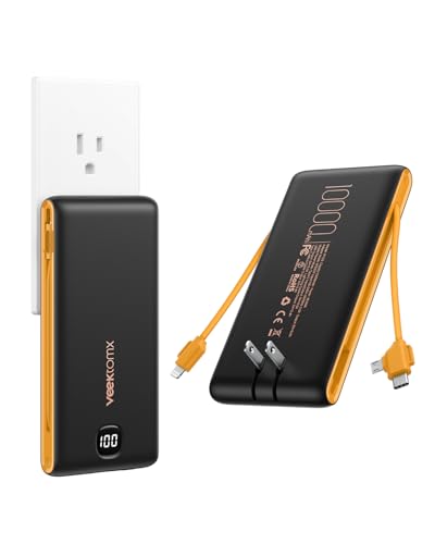 VEEKTOMX Portable Charger with Built-in Cables and AC Wall Plug, 10000mAh - color: Black+Yellow