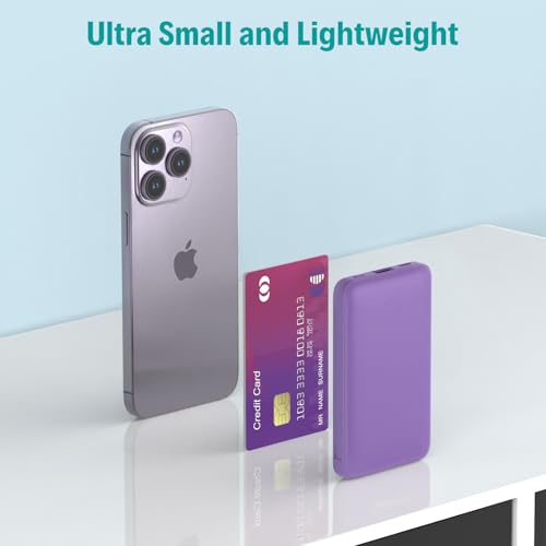 Sethruki Smallest Portable Charger with Built-in Cables 5000mAh,Ultra Slim Power Bank,Mini High Speed External Battery Packs,Lightweight USB C Phone Charger for iPhone Samsung Google Android (Purple) - color: purple