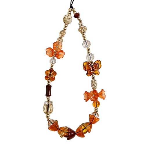 Cute Beaded Camera Wrist Strap for Phone, Digital Camera Charm Lanyard, Pearl Beaded Chain for Bag Keychain Gift - color: Brown Butterfly