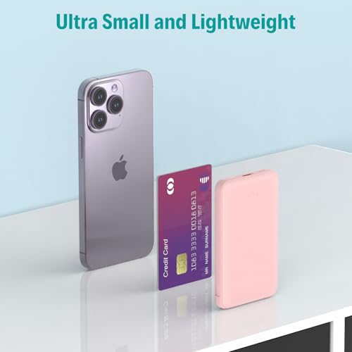 Sethruki Smallest Portable Charger with Built-in Cables 5000mAh,Ultra Slim Power Bank,Mini High Speed External Battery Packs,Lightweight USB C Phone Charger for iPhone Samsung Google Android (Pink) - color: pink