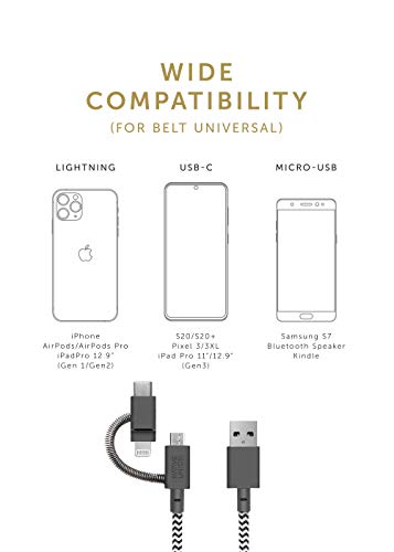 Native Union Belt Cable Universal - 6.5ft Ultra-Strong Reinforced [MFi Certified] Durable Charging Cable with 3-in-1 Adaptor for Lightning, USB-C and Micro-USB Devices (Zebra) - color: Zebra