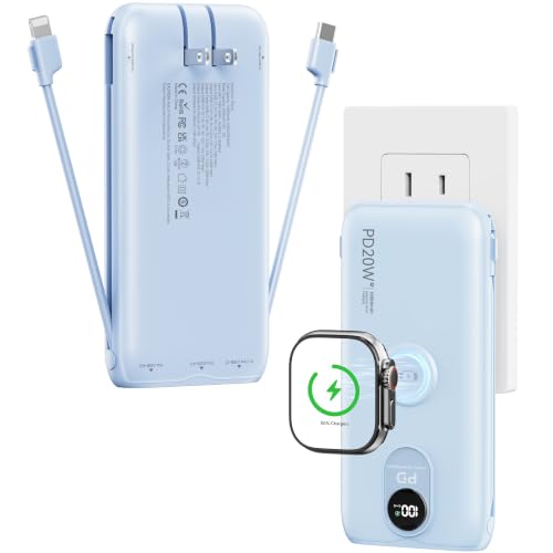 Portable Charger 10000mAh 20W, Wall Plug, 2 Cables, iWatch Charging - color: Mist Blue