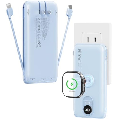 Portable Charger 10000mAh 20W, Wall Plug, 2 Cables, iWatch Charging - color: Mist Blue
