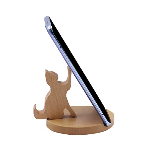 Cute Cat Cellphone Stand Holder Wooden Smartphone Desk Holder for All Mobile Phones Animal Phone Stand Desk Ornament - color: Wooden Cat