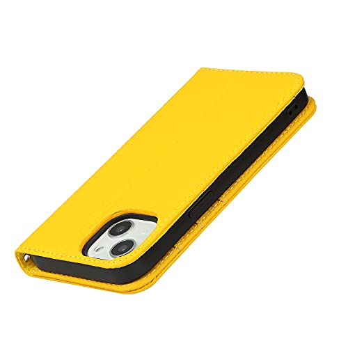 iCoverCase Compatible with iPhone 13 Wallet Case with Credit Card Holder and Wrist Strap, RFID Blocking Genuine Leather Flip Magnetic Phone Cover 6.1 Inch (Yellow) - color: 1-Yellow (No Headphone Storage Belt), size: iPhone 13