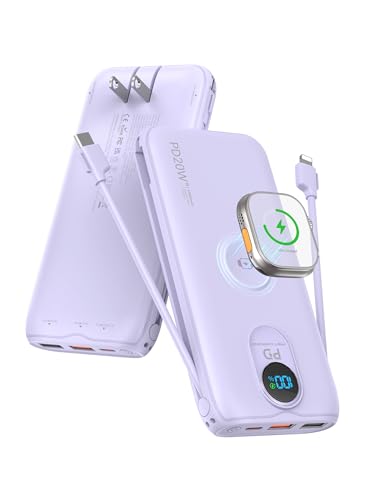 Portable Charger Power Bank 10000mAh PD20W w/Built-in Cables & AC Plug - color: Purple