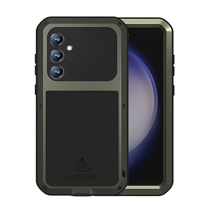LOVE MEI Military Rugged Case for Samsung Galaxy S23 Fe, with Tempered Glass Screen Protector, Shockproof Dustproof Scratch Proof Hybrid Metal and Silicone Gel Heavy Duty Full Body Cover Green - color: Green