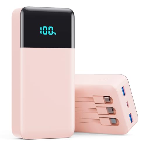 Portable Charger 50800mAh Power Bank with 3 Built in Cables,25W PD QC4.0 Fast Charging USB C Battery Pack,6 Outputs 2 Inputs Travel Essentials Phone Charger for iPhone 18/17/16/15/Pro,Android,Pink - color: Pink